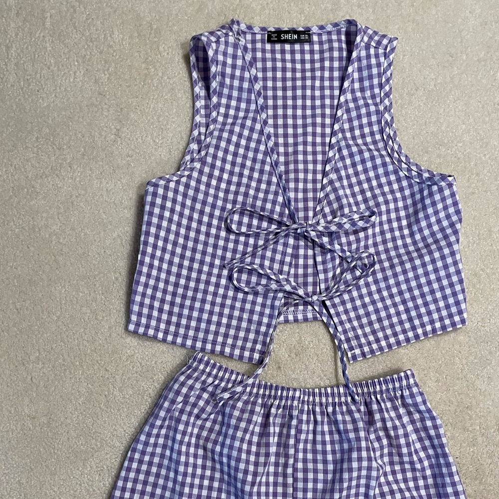 Purple & White Gingham Short Set with front tying top